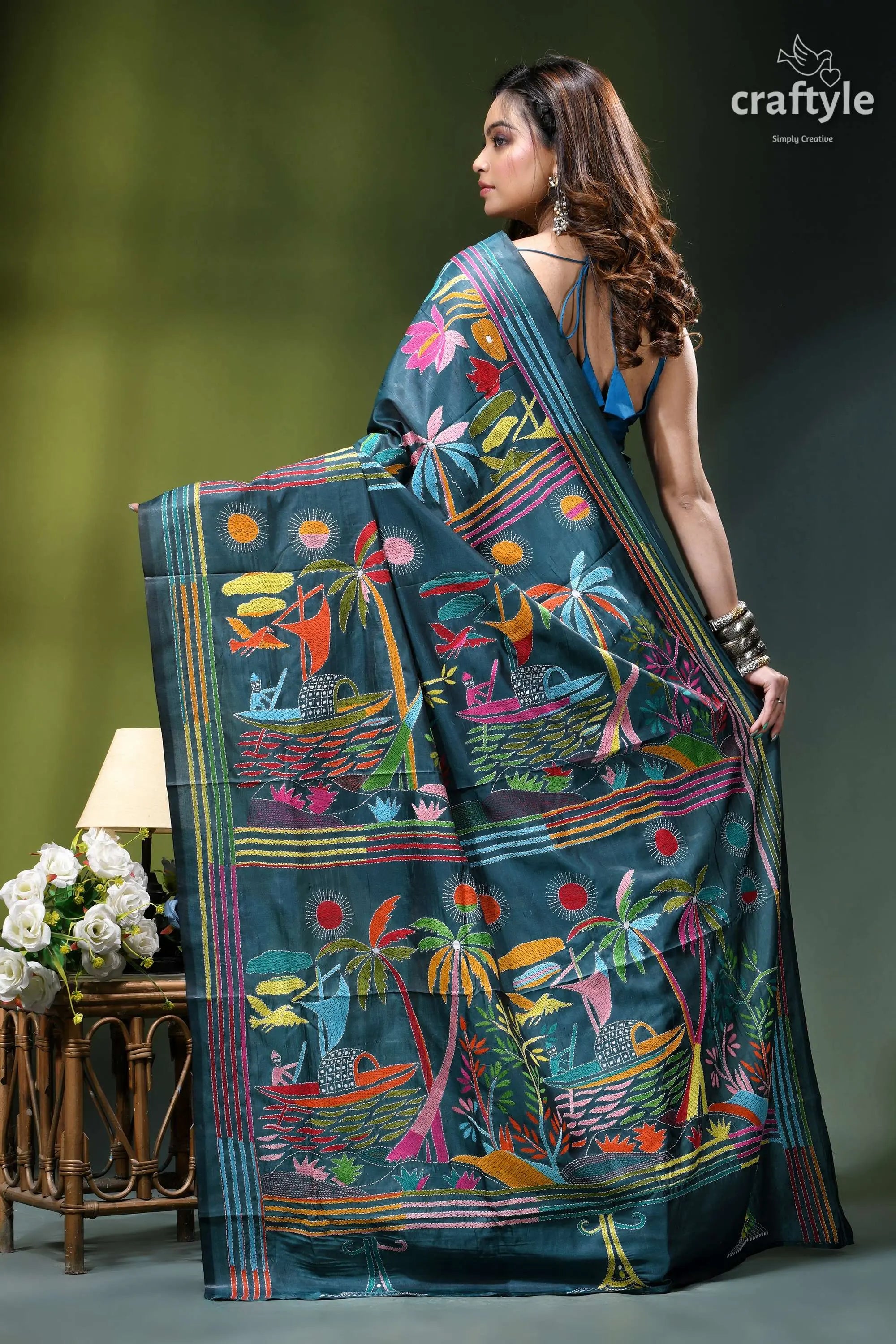 Artisanal nature theme exquisite silk kantha saree in teal blue vibrant teal silk saree adorned 6