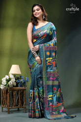 Artisanal nature theme exquisite silk kantha saree in teal blue vibrant teal silk saree adorned 2