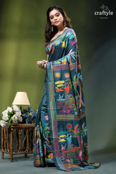 Artisanal nature theme exquisite silk kantha saree in teal blue woman wears dark teal silk 3