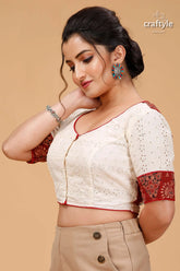 Artisanal off-white pure cotton hakoba blouse white blouse red trim patterned 3