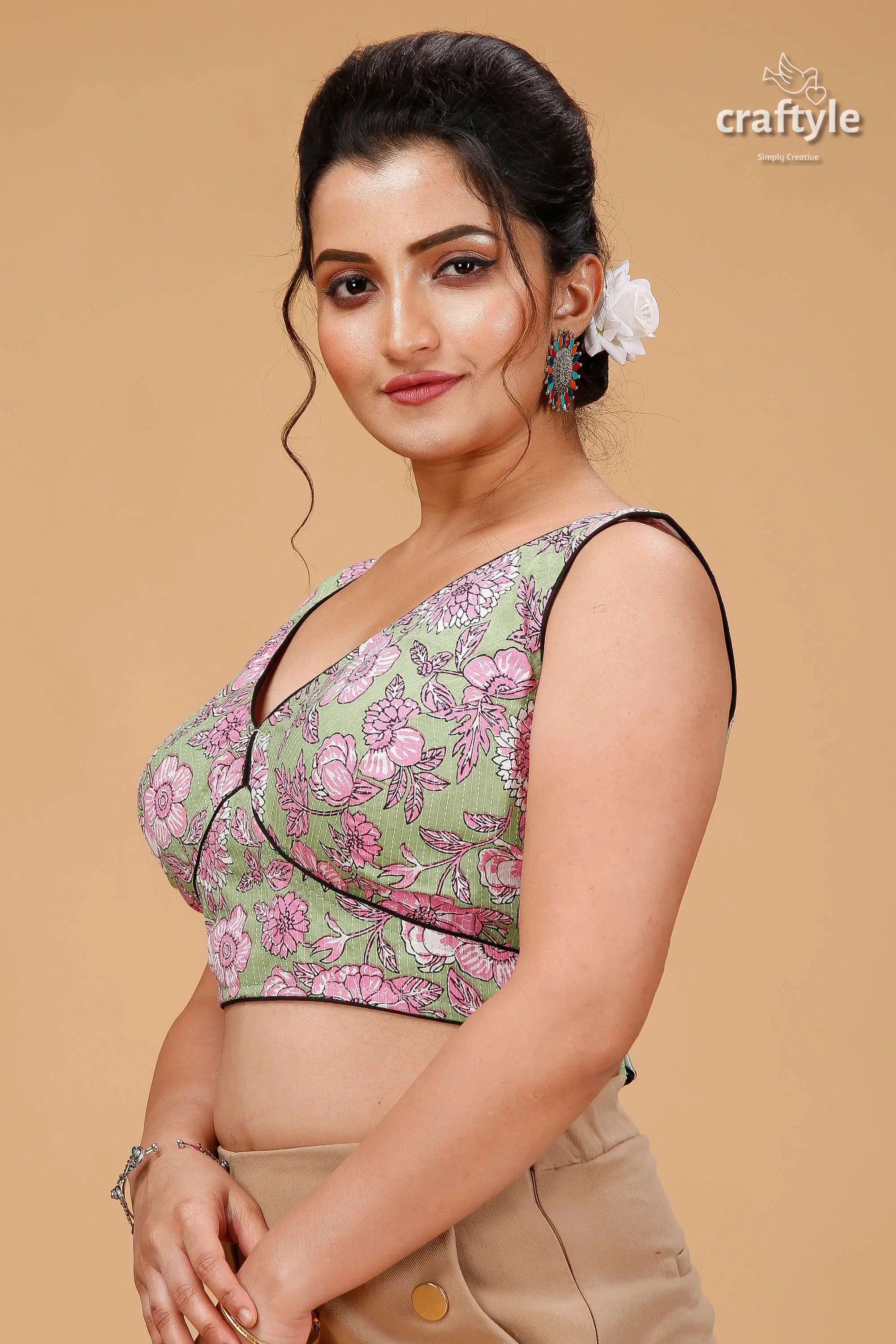 Artisanal pistachio ajrakh blouse on pure cotton light green sleeveless crop pink 3