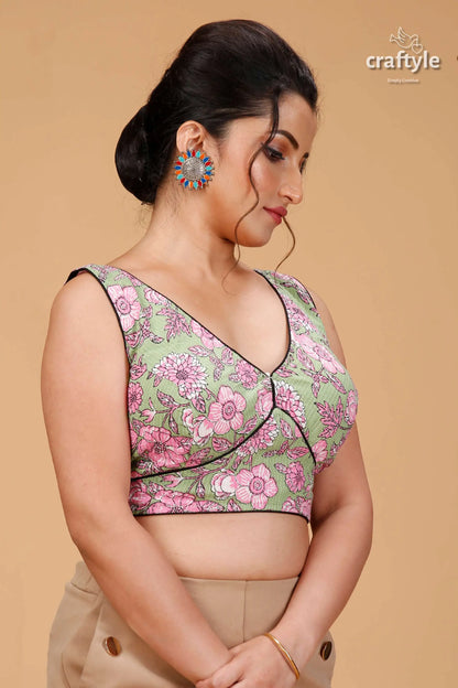 Artisanal pistachio ajrakh blouse on pure cotton woman light green sleeveless blouse 4