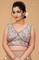 Artisanal pistachio ajrakh blouse on pure cotton woman light green sleeveless crop 1