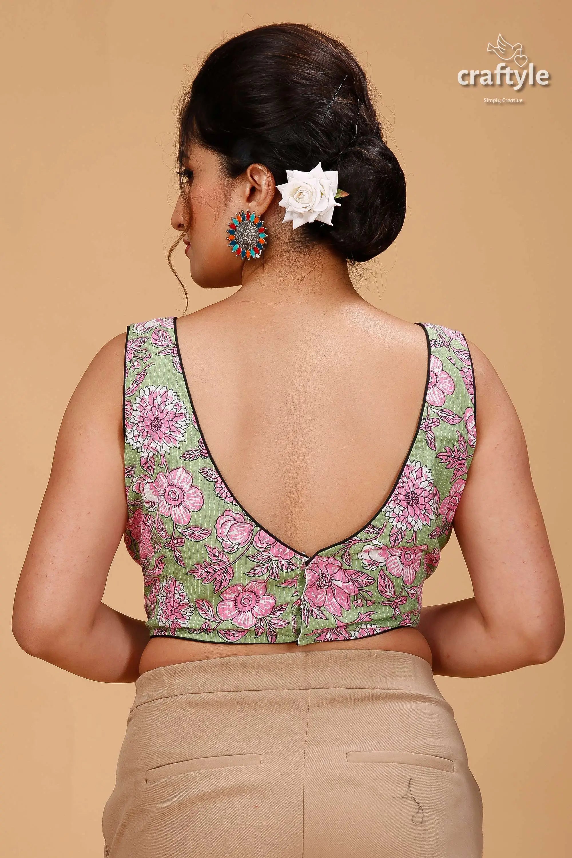 Artisanal pistachio ajrakh blouse on pure cotton woman models light green floral 2