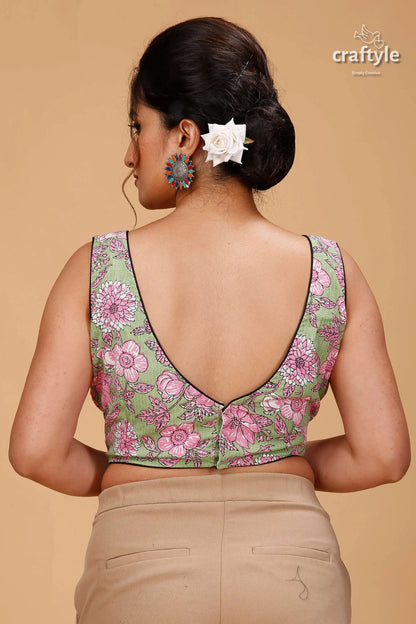 Artisanal pistachio ajrakh blouse on pure cotton woman models light green floral 2