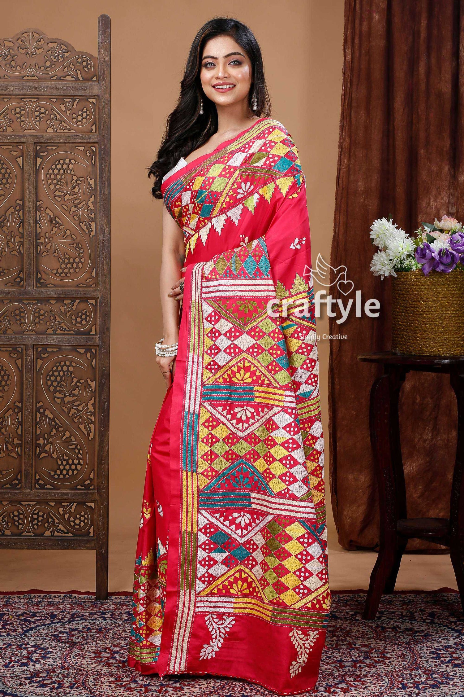 Artisanal Rose Red Silk Saree with Kantha Work - Handcrafted Luxury-Craftyle