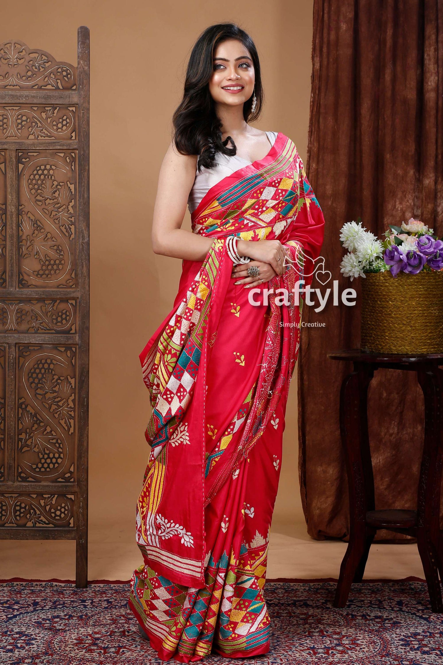 Artisanal Rose Red Silk Saree with Kantha Work - Handcrafted Luxury-Craftyle