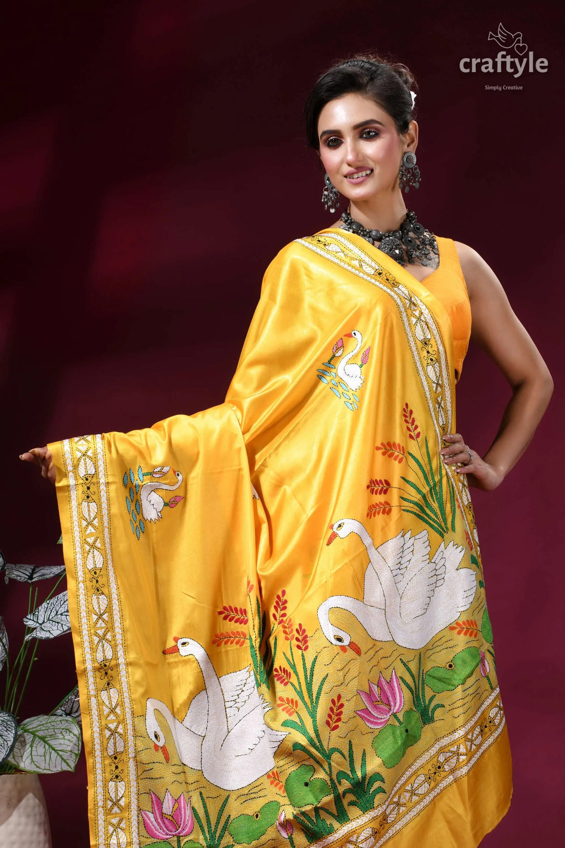 Artisanal swan design kantha embroidery silk saree in lightning yellow vibrant yellow silk saree adorned 2