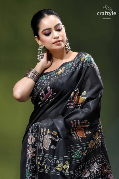 Artisanal swan motif silk kantha embroidery saree in black black silk saree adorned intricate 2