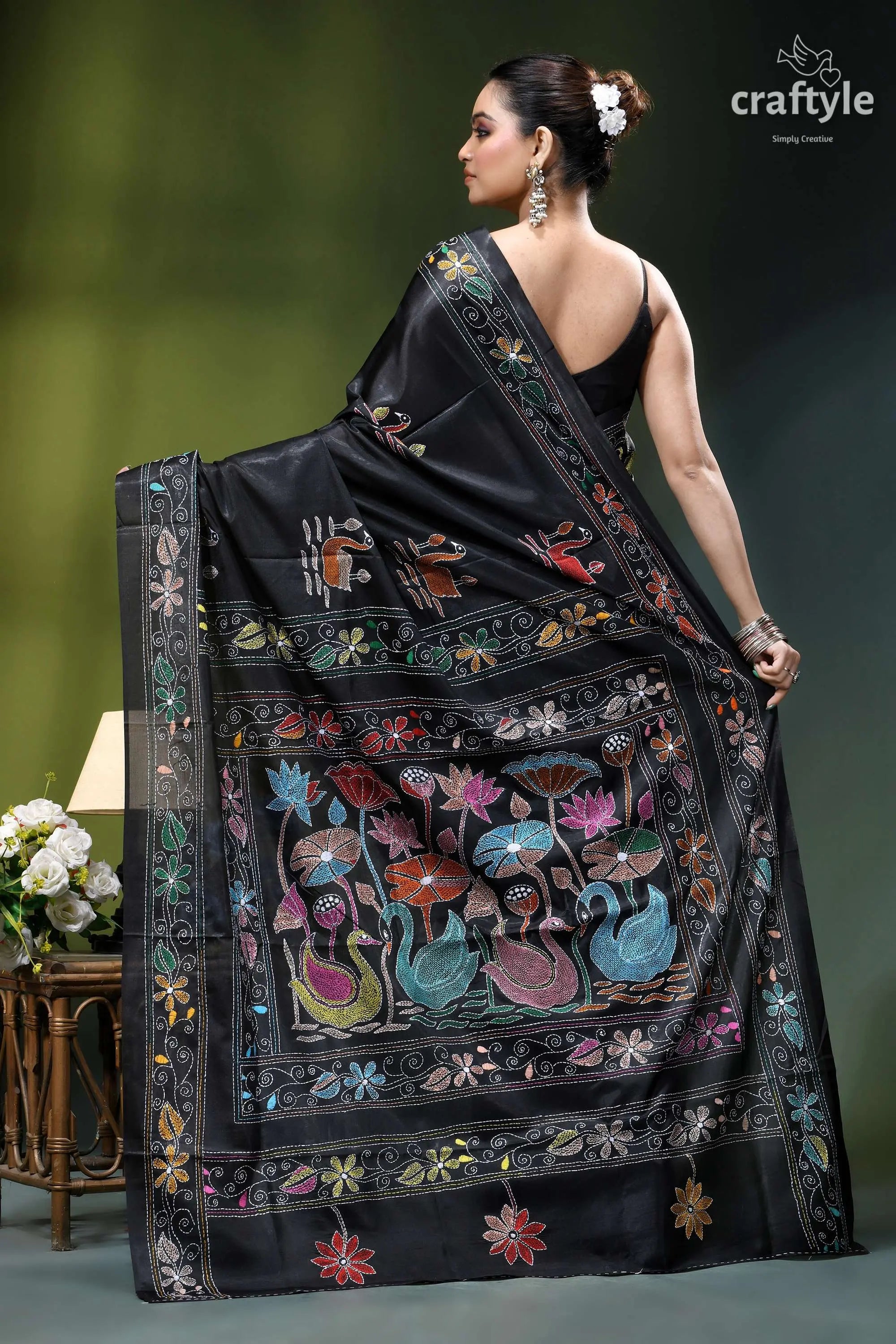 Artisanal swan motif silk kantha embroidery saree in black black silk saree intricate multicolored 5