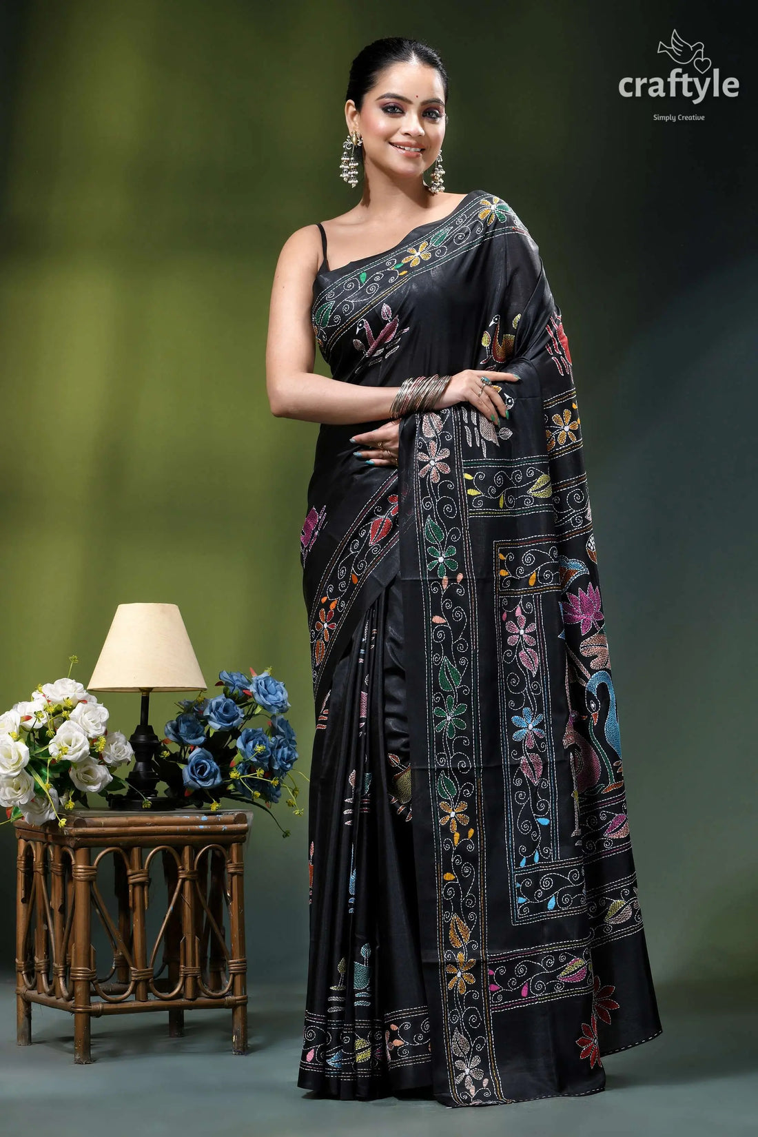 Artisanal swan motif silk kantha embroidery saree in black black silk saree intricate multicolored 1