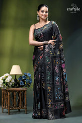 Artisanal swan motif silk kantha embroidery saree in black black silk saree intricate multicolored 1