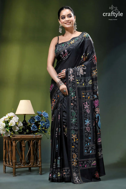 Artisanal swan motif silk kantha embroidery saree in black black silk saree intricate multicolored 6