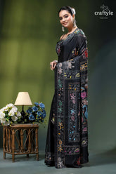 Artisanal swan motif silk kantha embroidery saree in black black silk saree adorned intricate 3