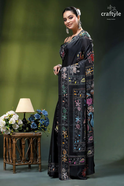 Artisanal swan motif silk kantha embroidery saree in black black silk saree adorned intricate 3