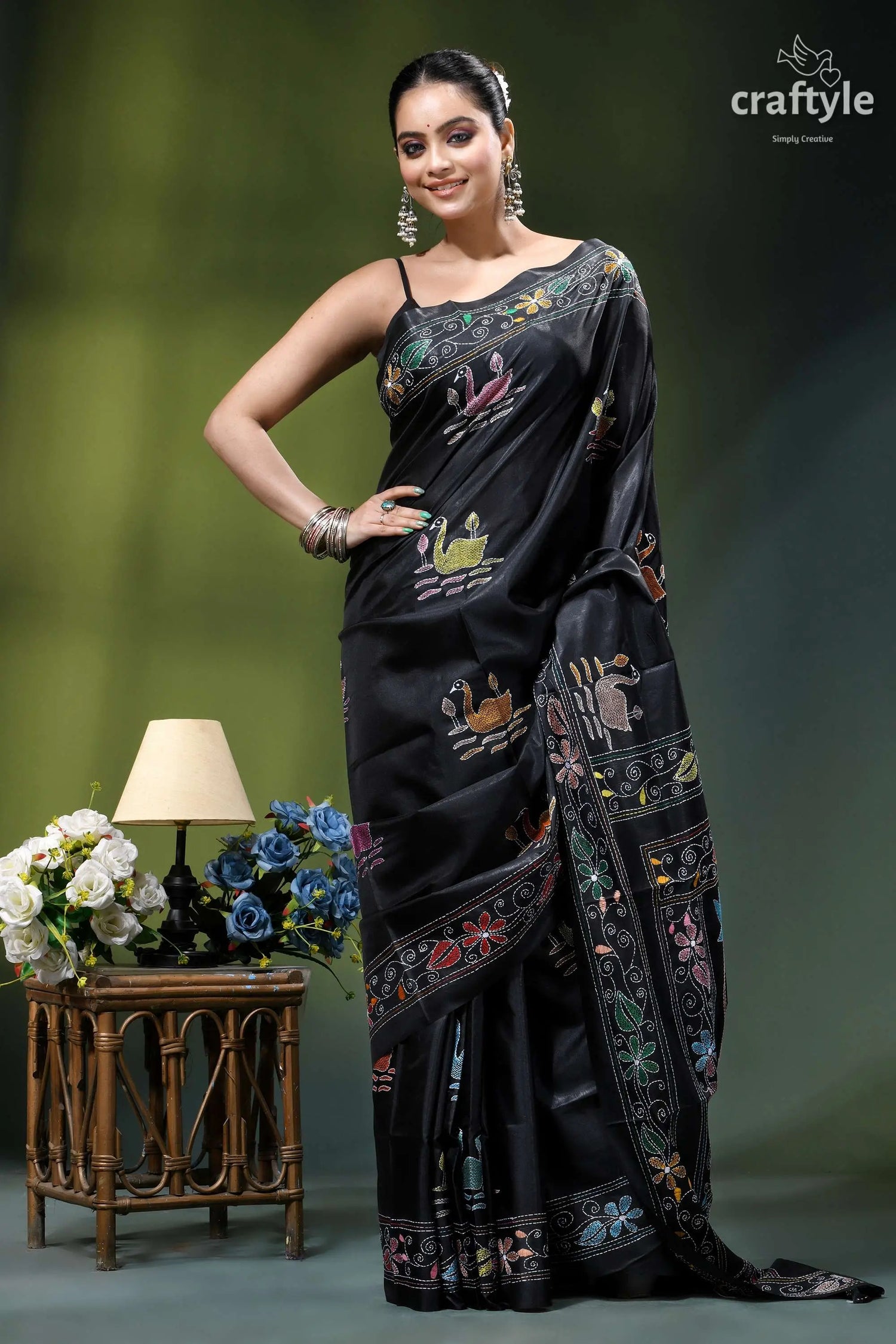 Artisanal swan motif silk kantha embroidery saree in black black silk saree intricate multicolored 4