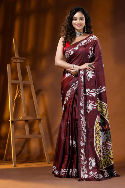 Artisanal swan motif wine berry silk kantha embroidery saree 1
