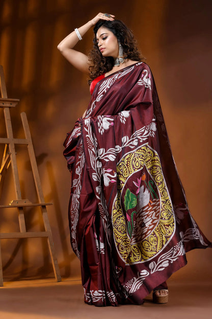 Artisanal swan motif wine berry silk kantha embroidery saree 4