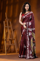 Artisanal swan motif wine berry silk kantha embroidery saree 6