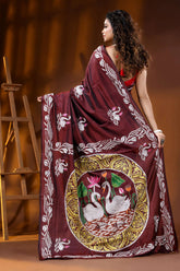 Artisanal swan motif wine berry silk kantha embroidery saree 5
