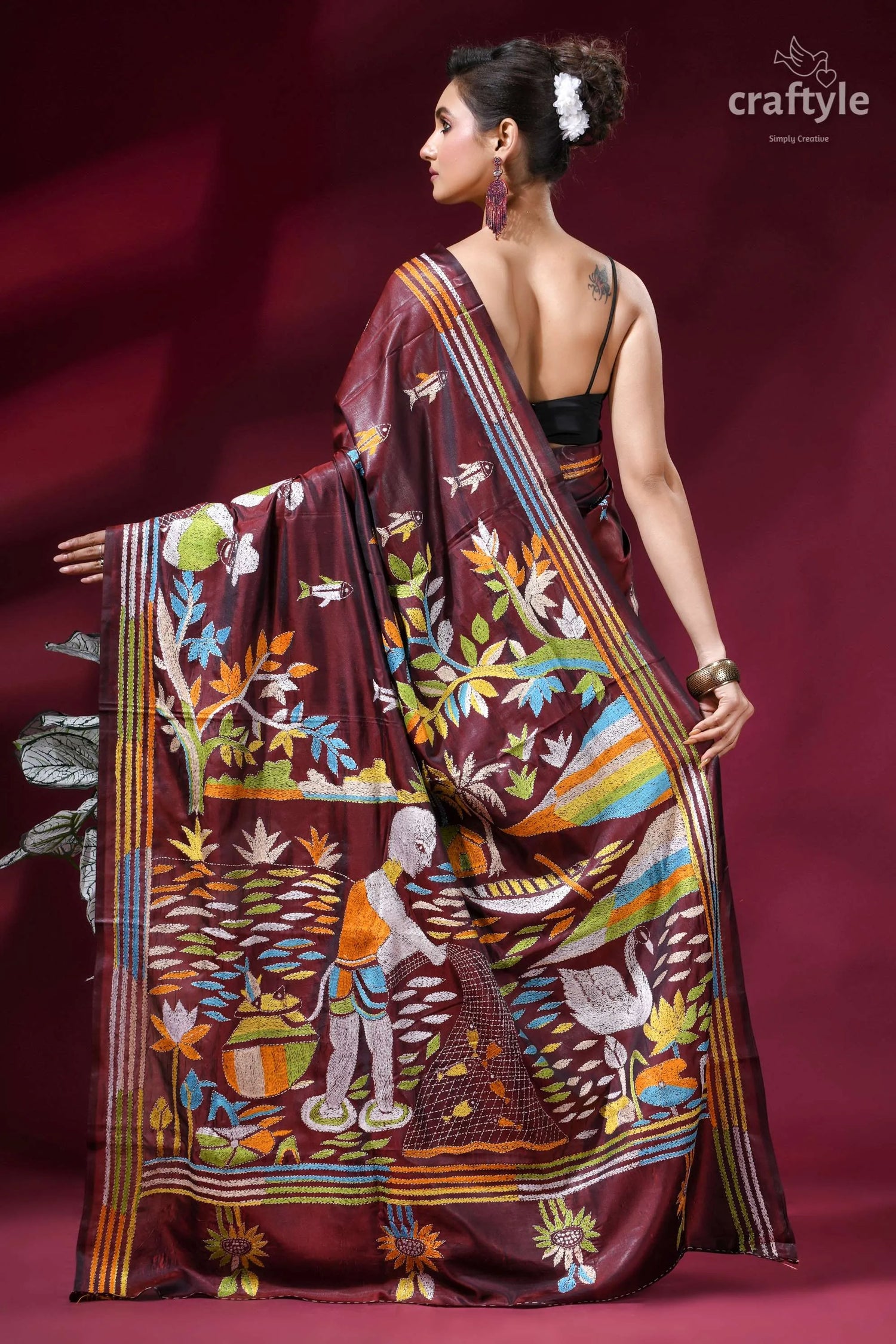 Artisanal village life theme handcrafted silk kantha saree - persian plum maroon silk saree intricate hand-block 4