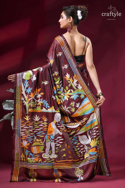 Artisanal village life theme handcrafted silk kantha saree - persian plum maroon silk saree intricate hand-block 4