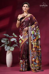 Artisanal village life theme handcrafted silk kantha saree - persian plum maroon silk saree adorned vibrant 6