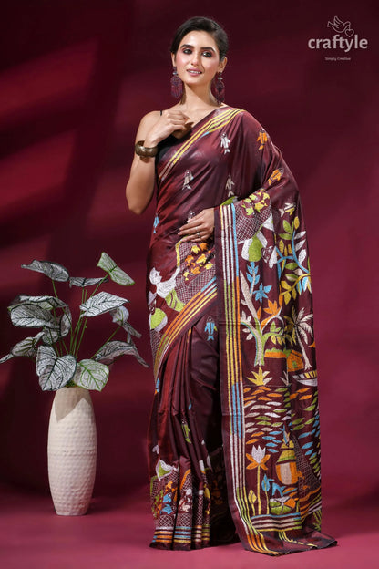 Artisanal village life theme handcrafted silk kantha saree - persian plum maroon silk saree adorned vibrant 6
