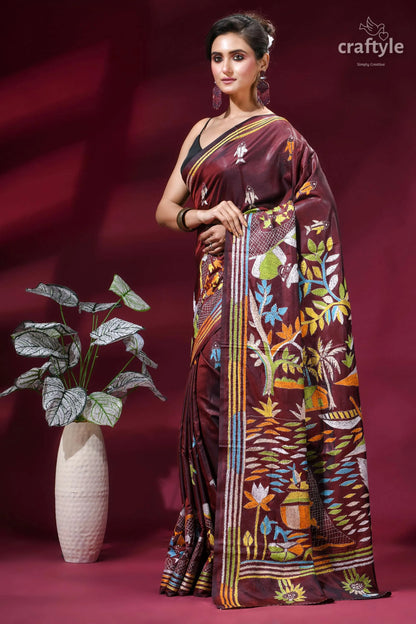 Artisanal village life theme handcrafted silk kantha saree - persian plum maroon silk saree adorned vibrant 3