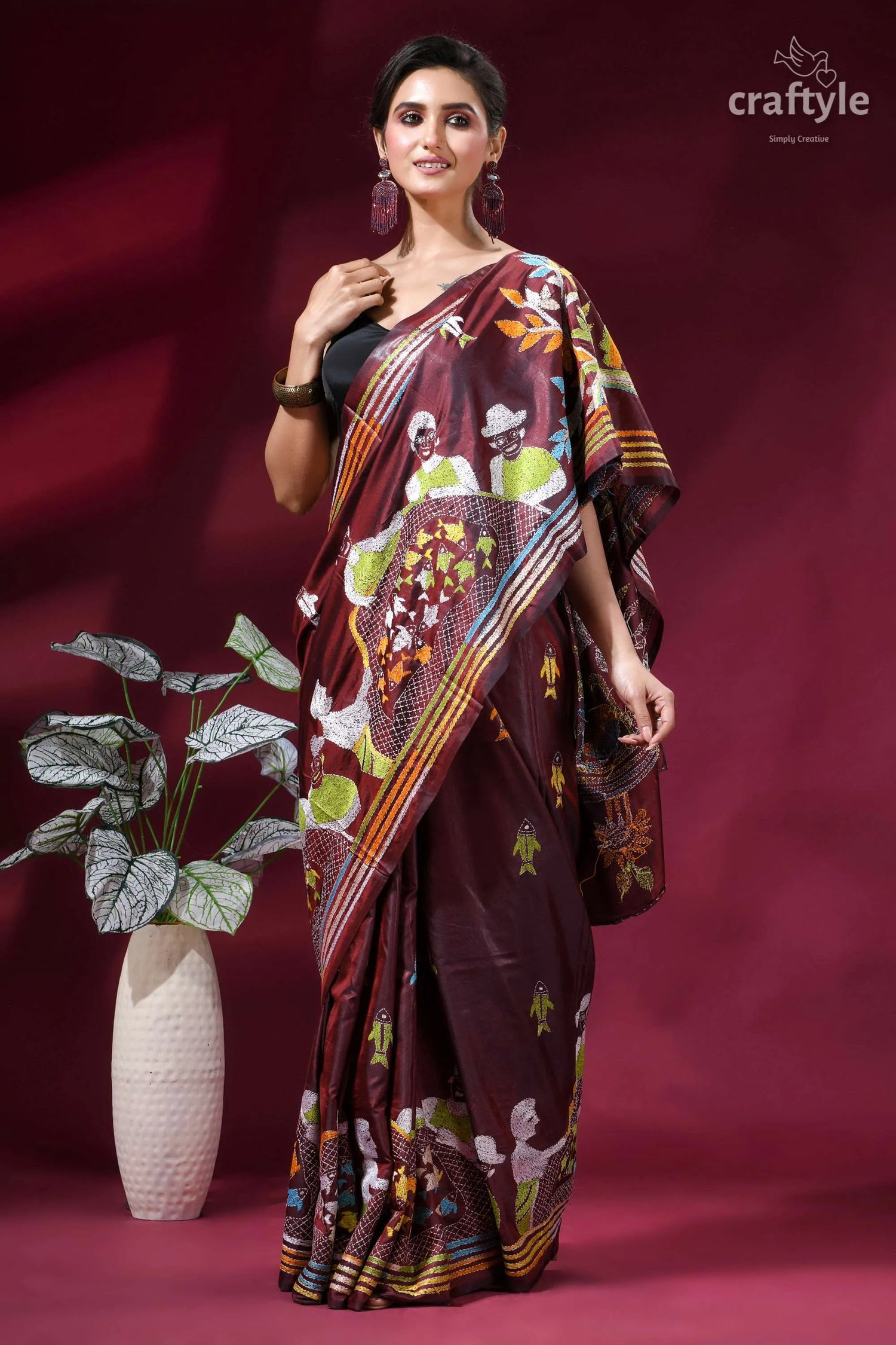 Artisanal village life theme handcrafted silk kantha saree - persian plum maroon silk saree intricate hand-embroidered 5
