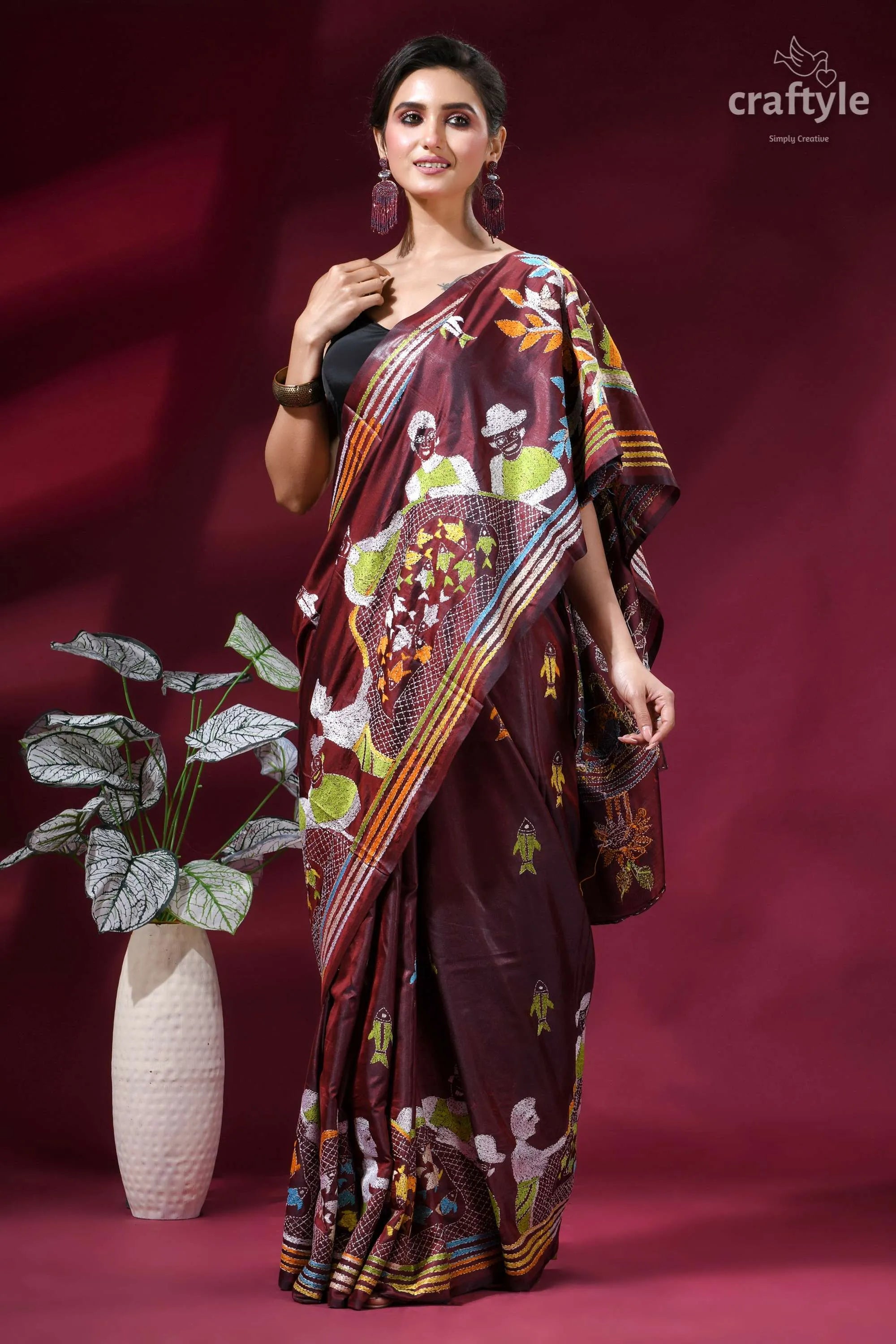 Artisanal village life theme handcrafted silk kantha saree - persian plum maroon silk saree intricate hand-embroidered 5