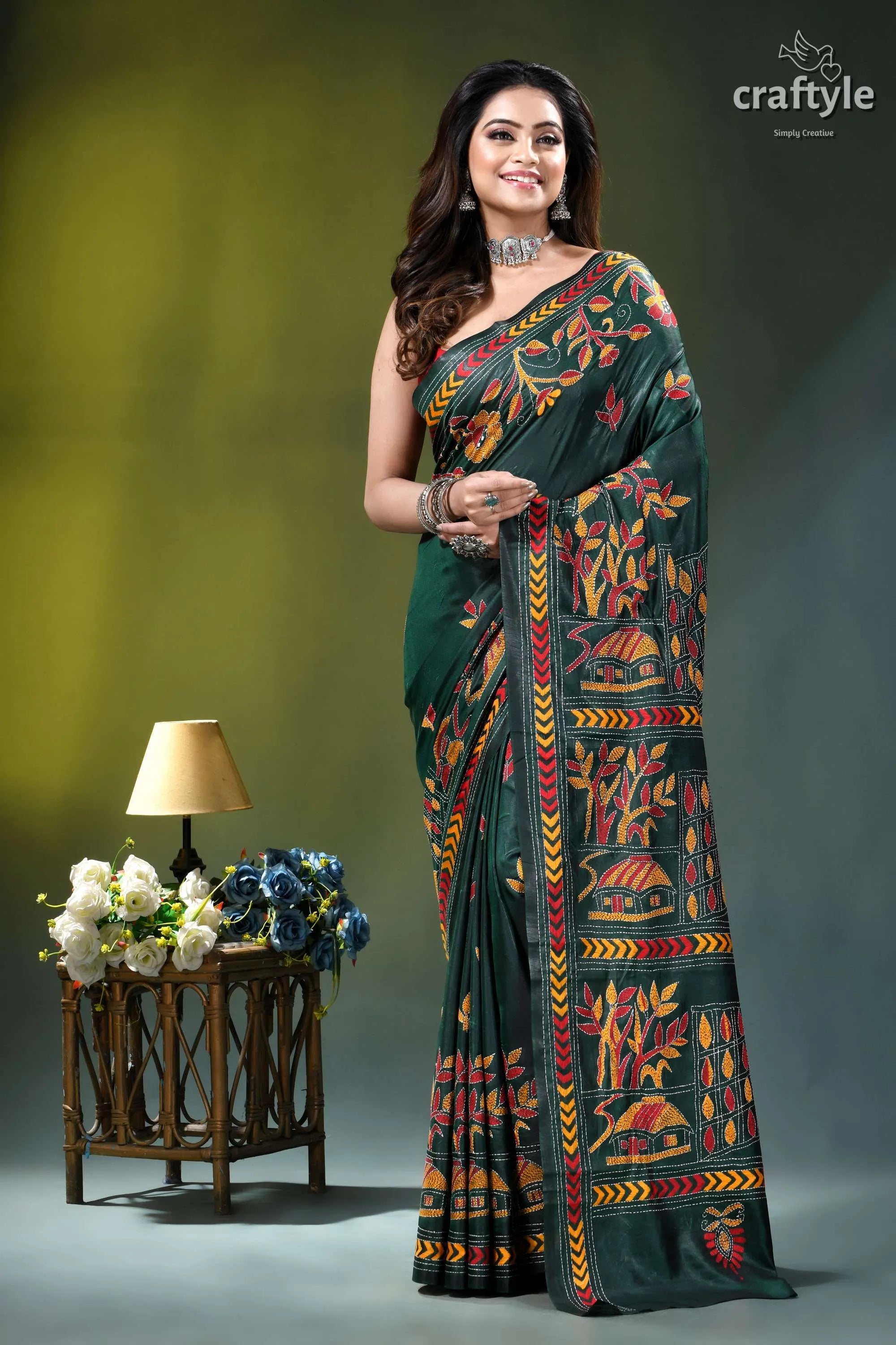 Artisanal village theme multi-thread silk kantha saree in gable green dark green saree adorned intricate 6