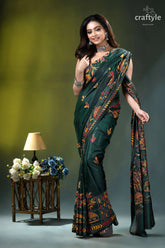 Artisanal village theme multi-thread silk kantha saree in gable green dark green silk saree adorned 5