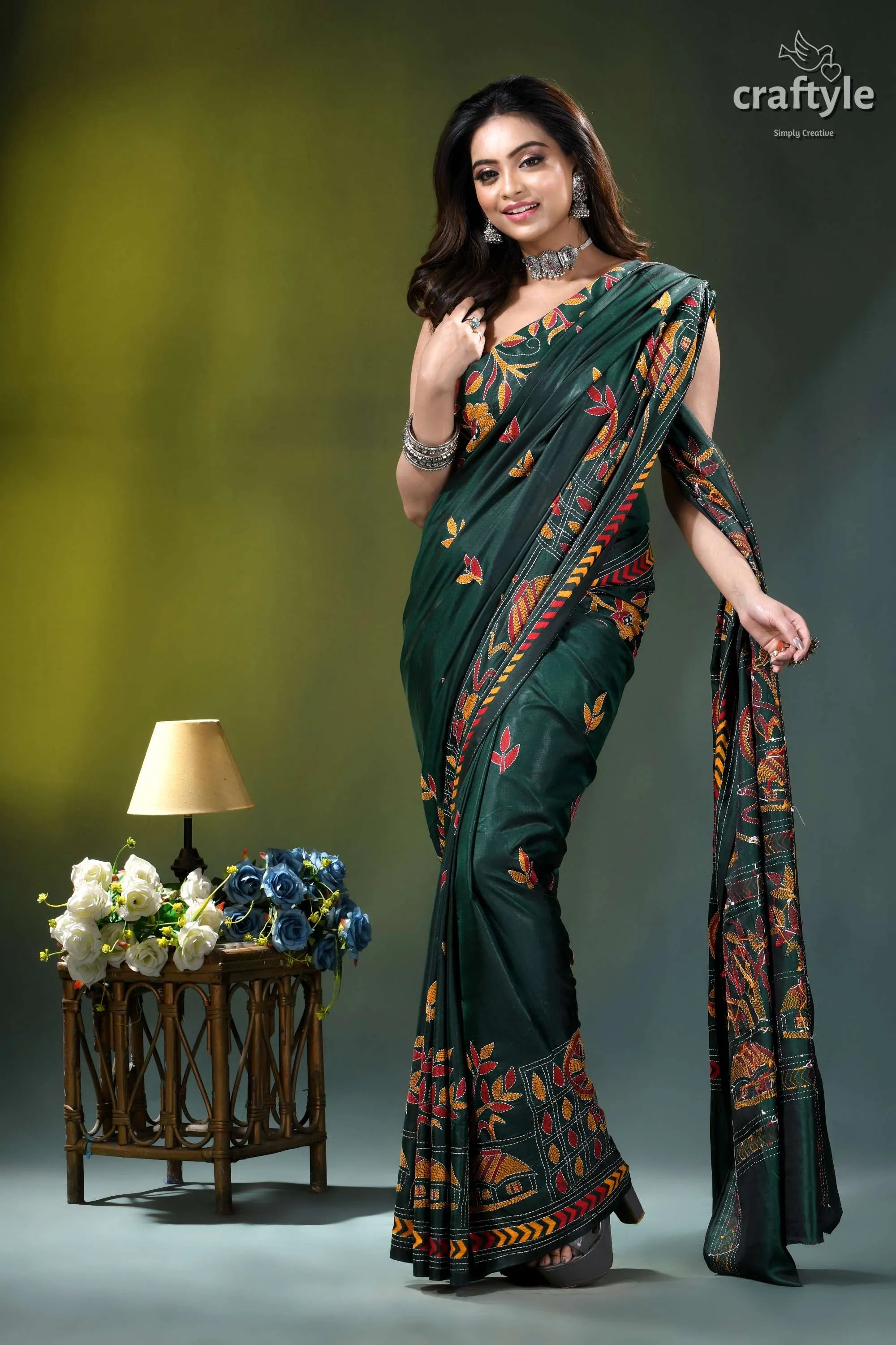 Artisanal village theme multi-thread silk kantha saree in gable green dark green silk saree adorned 5