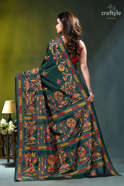 Artisanal village theme multi-thread silk kantha saree in gable green dark green saree adorned intricate 4