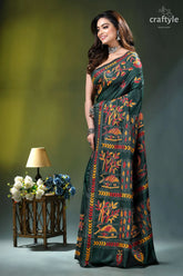 Artisanal village theme multi-thread silk kantha saree in gable green dark green silk saree adorned 3