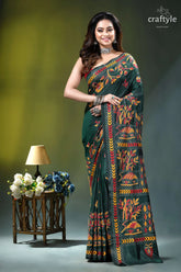 Artisanal village theme multi-thread silk kantha saree in gable green dark green saree intricate embroidered 1