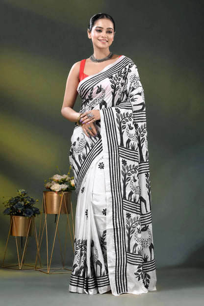 Artisanal white silk kantha work saree with black deer and nature theme 6
