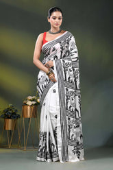 Artisanal white silk kantha work saree with black deer and nature theme 1