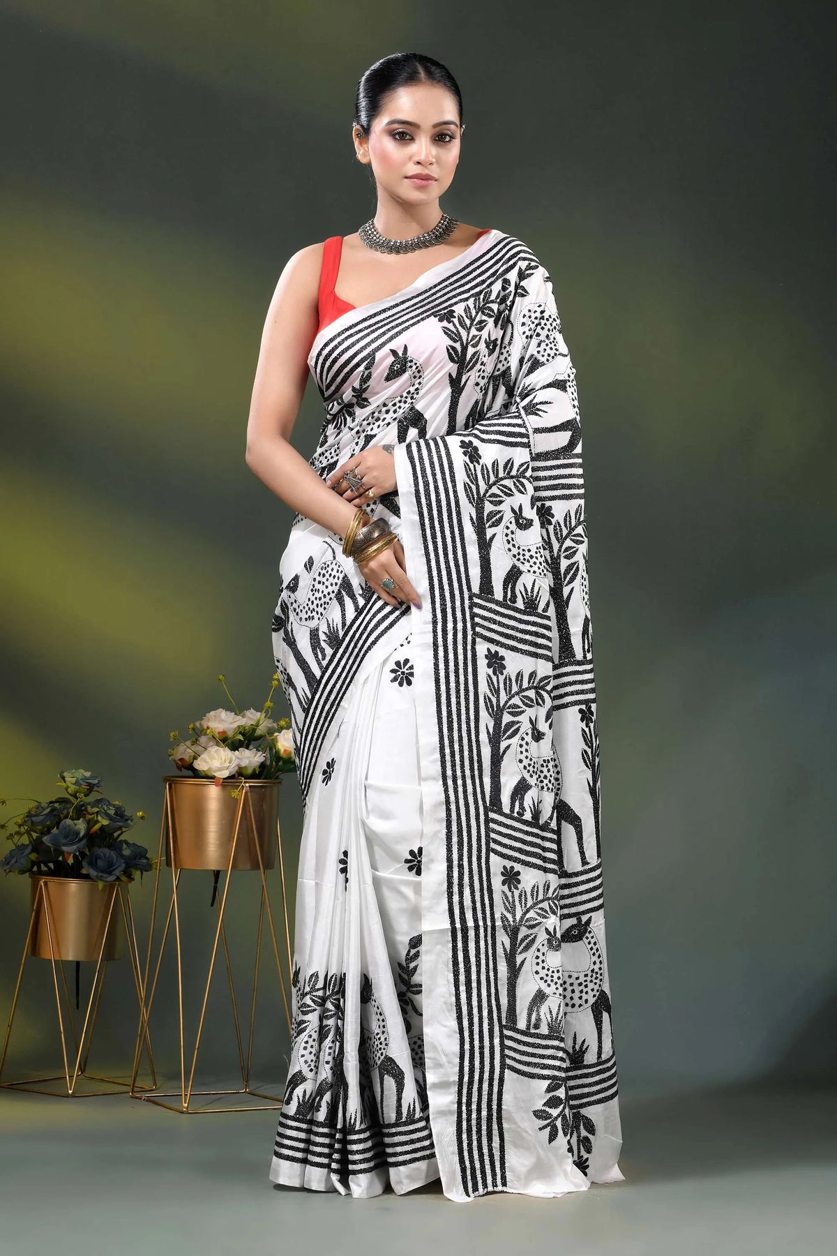 Artisanal white silk kantha work saree with black deer and nature theme 1