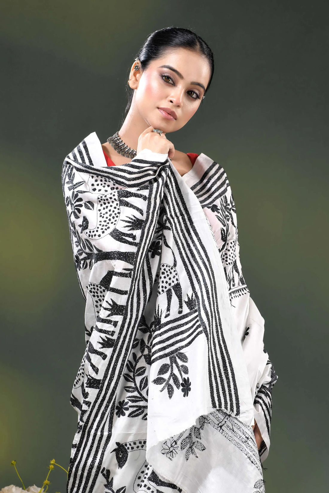 Artisanal white silk kantha work saree with black deer and nature theme 2