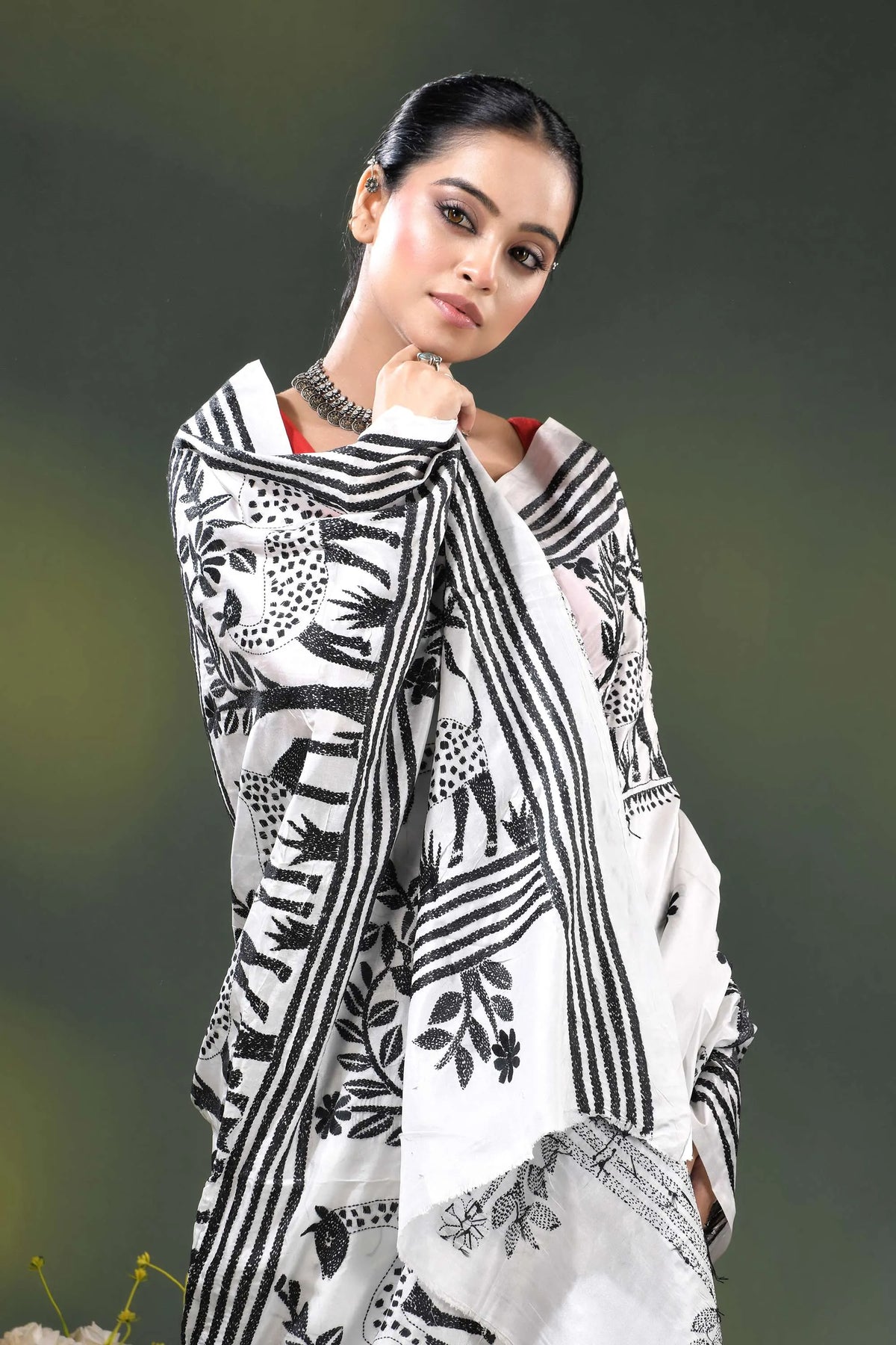 Artisanal white silk kantha work saree with black deer and nature theme 2