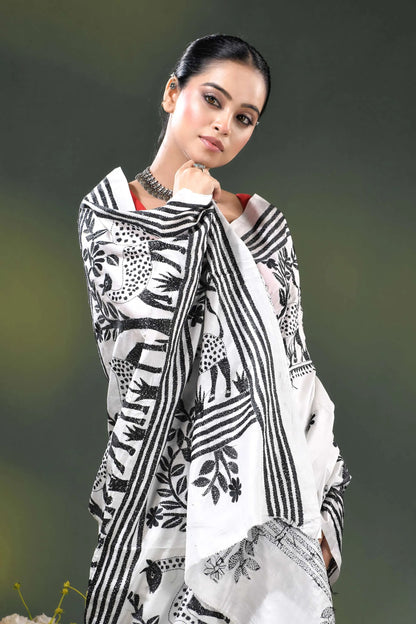 Artisanal white silk kantha work saree with black deer and nature theme 2