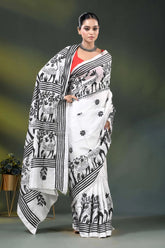 Artisanal white silk kantha work saree with black deer and nature theme 4