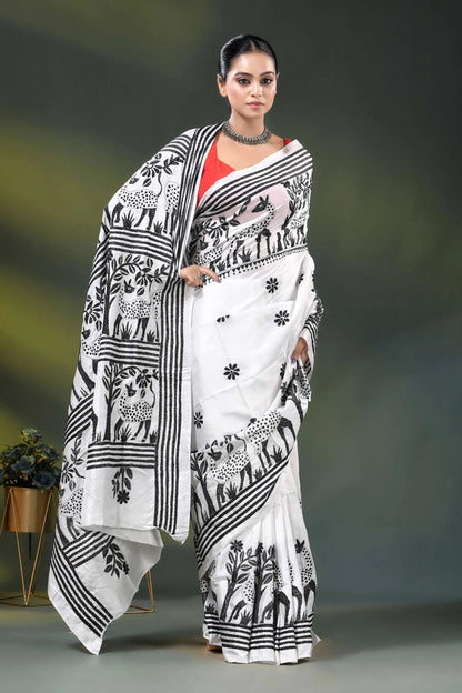 Artisanal white silk kantha work saree with black deer and nature theme 4