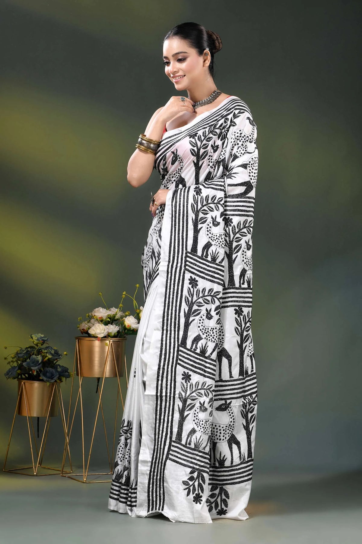 Artisanal white silk kantha work saree with black deer and nature theme 3