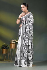 Artisanal white silk kantha work saree with black deer and nature theme 3