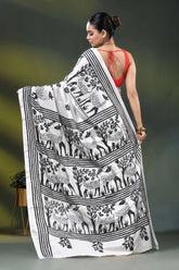 Artisanal white silk kantha work saree with black deer and nature theme 5