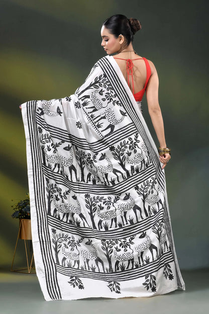 Artisanal white silk kantha work saree with black deer and nature theme 5