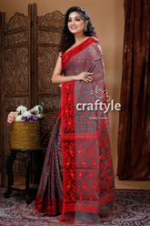 Ash Grey & Red Graceful Handloom Jamdani Sari - Craftyle